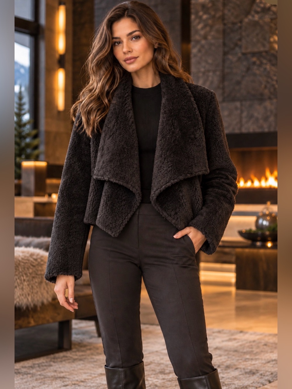 Guess Los Angeles Black Faux Shearling Drape Jacket